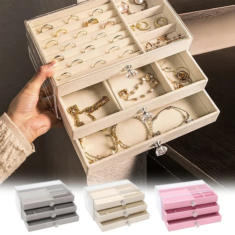 Acrylic Organizers Velvet Three-Layer Jewellery Storage Box Earring Rings Necklace Large Space Jewellery Case Holder Women Gift