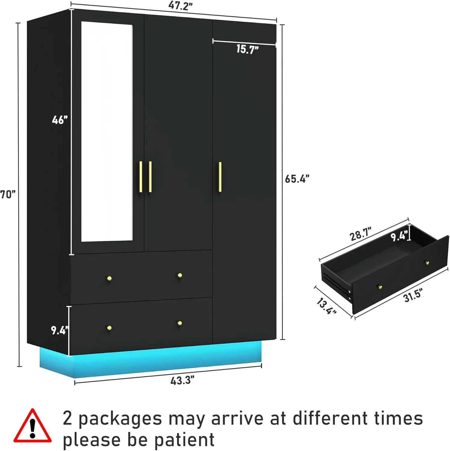 3 Door Armoire Wardrobe Closet Cabinet with Mirror and LED Light, 2 Drawers, 3 Doors, Hanging Rod, Large Capacity Storage Wardro