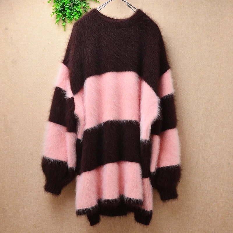 

ladies women fashion sweet pink mink cashmere knitted striped long sleeves loose pullover angora fur jumper sweater pull dress