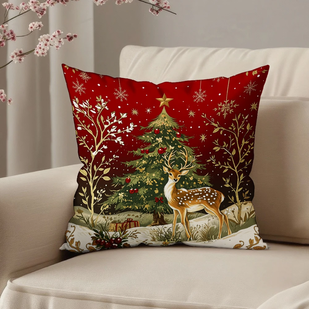 Square Throw Pillow Case Red Christmas Tree Deer Snowflake Pattern For Living Room Sofa Bedroom Home Decor