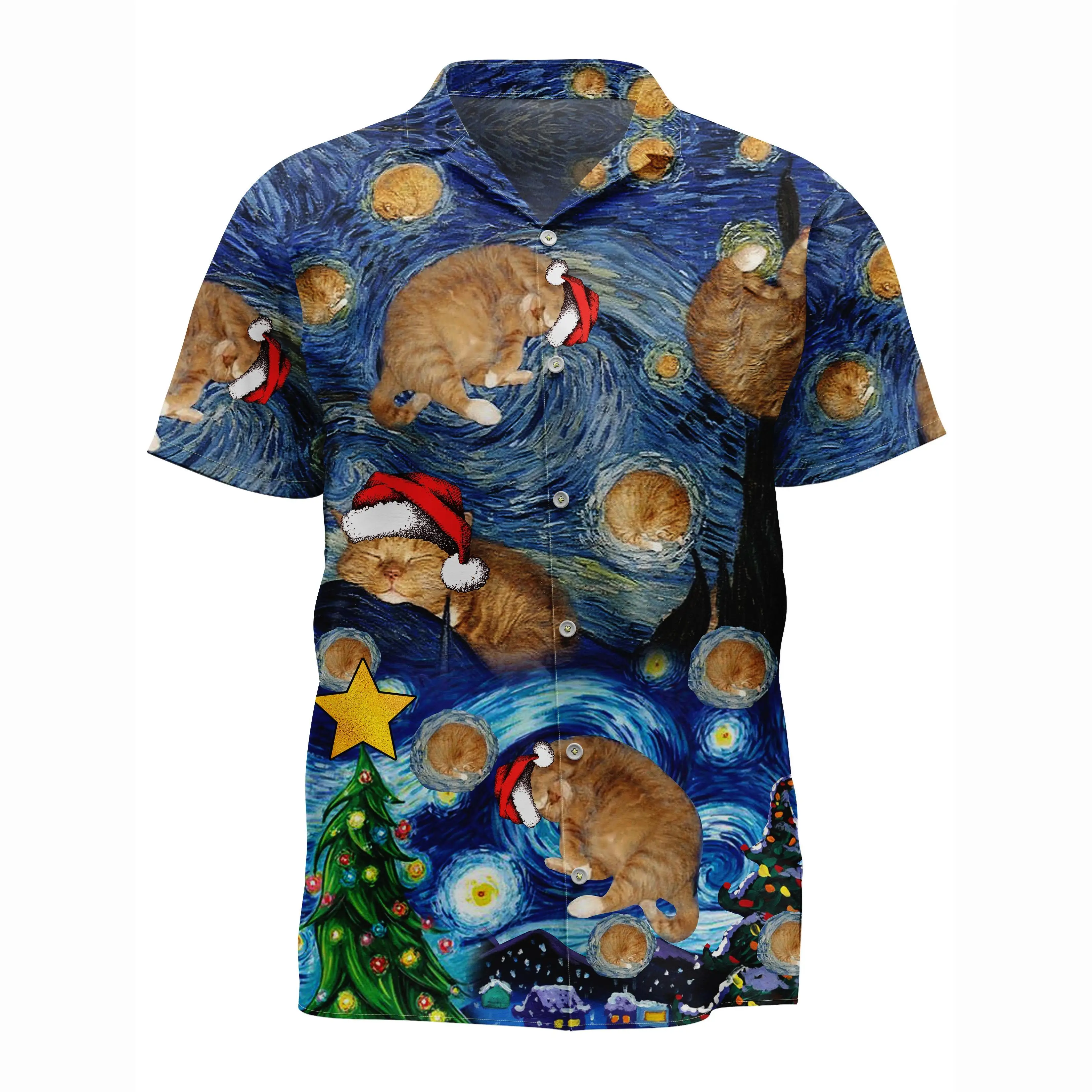 Jumeast Van Gogh Style Short Sleeve Hawaiian Shirt Starry Cat Graphics Polyester Aloha Shirts Tropical Baggy Casual Man Clothing