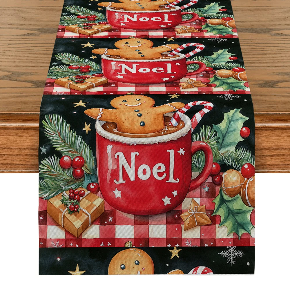 Christmas Gingerbread Man Cup Table Runner Wedding Decoration Cloth Dining Decor Coffee Table Runners Washable Dining Long Cloth