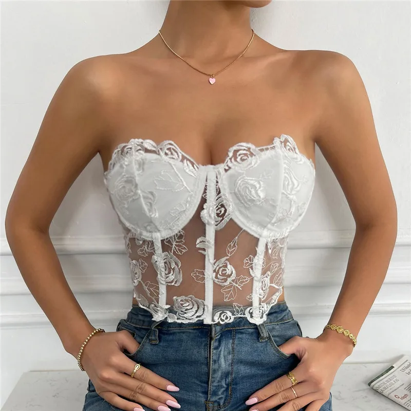 Women Sexy Corset Bra Lace Embroidery Floral See Through Off Shoulder Tank Top bralette Summer Mesh Strapless Backless Underwear