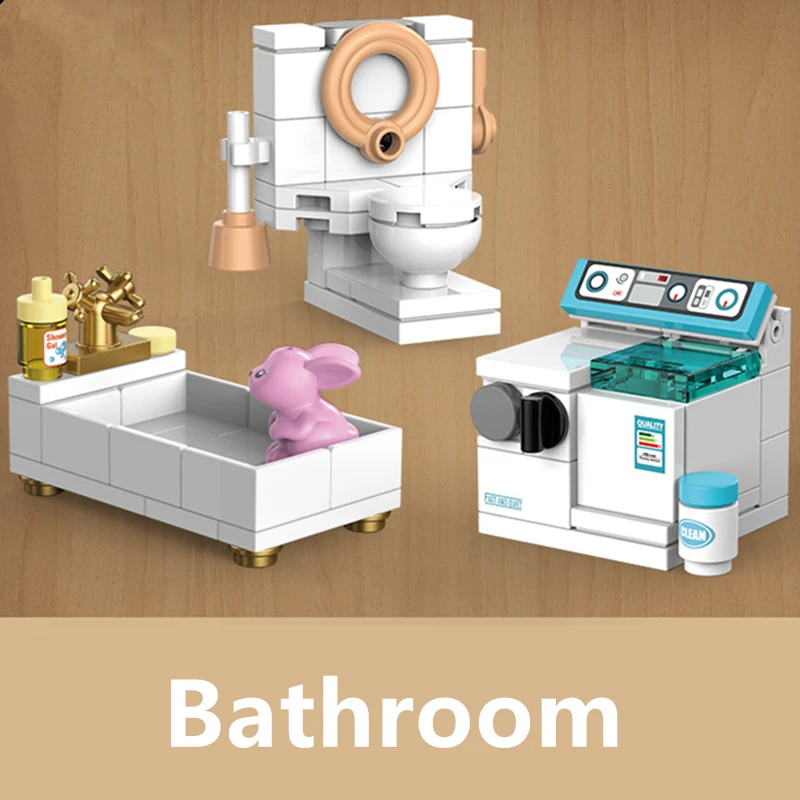 DIY Bathroom Living Room Coffee Machine Piano Treadmill Fish Tank Furniture Decorate Building Blocks Model Bricks Sets Kits Toys