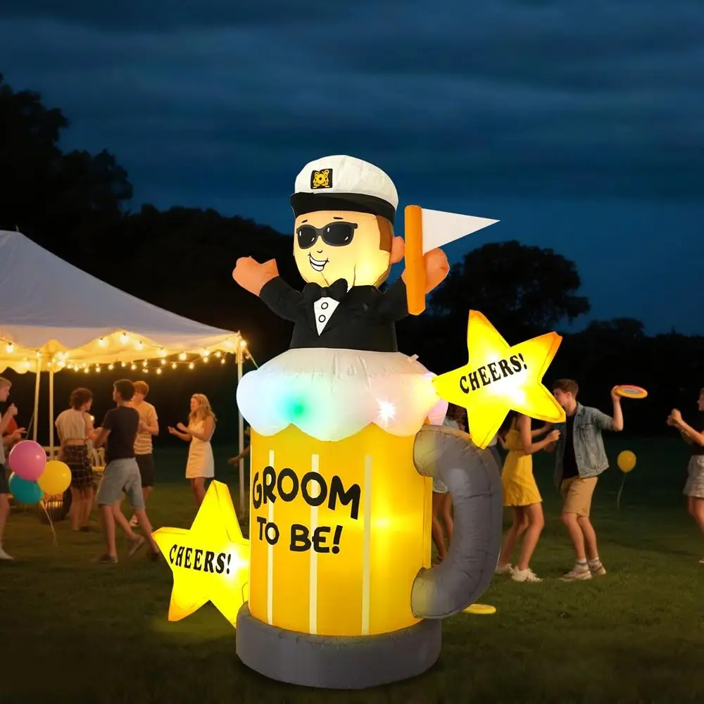 

Надувная фигура 6 футов: джентльмен на пивной кружке, со встроенными светодиодами и разноцветными мигающими огнями, для украшения на девичник, подходит для...