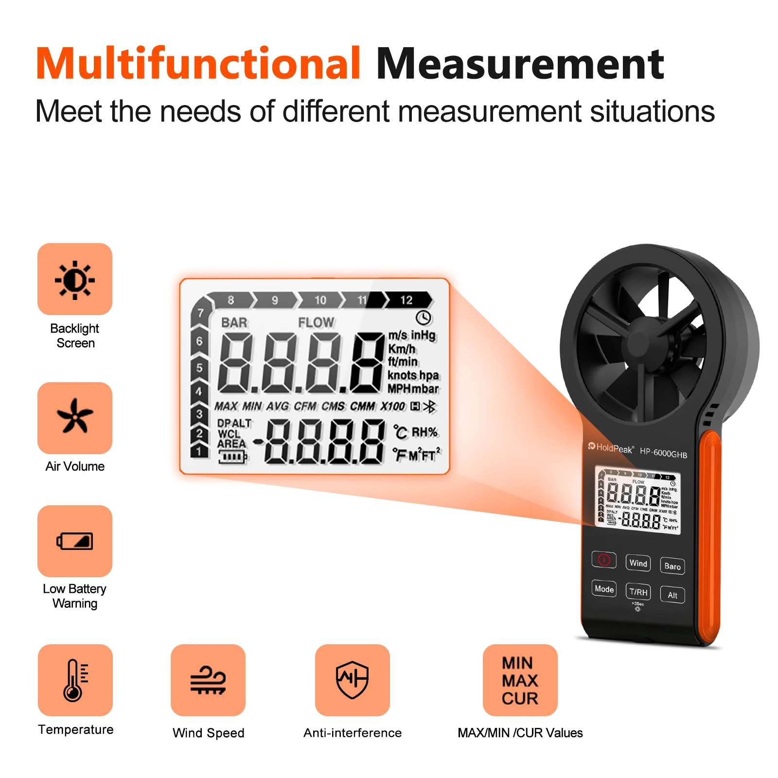 مقياس شدة الريح المحمول من HOLDPEAK، مقياس سرعة الرياح الرقمي لـ HVAC، الطيران بدون طيار، الإبحار ومراقبة الطقس، تدفق الهواء المحمول