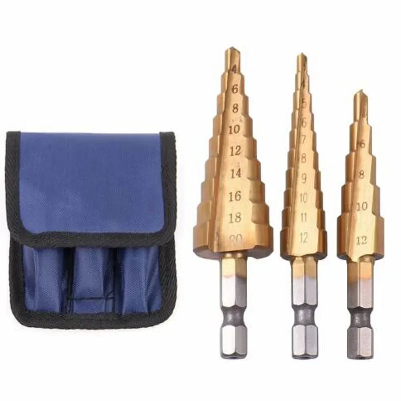 3pcs HSS Steel Titanium Step Drill Bits 3-12mm 4-12mm 4-20mm Step Cone Cutting Tools Steel Woodworking Wood Metal Drilling Set