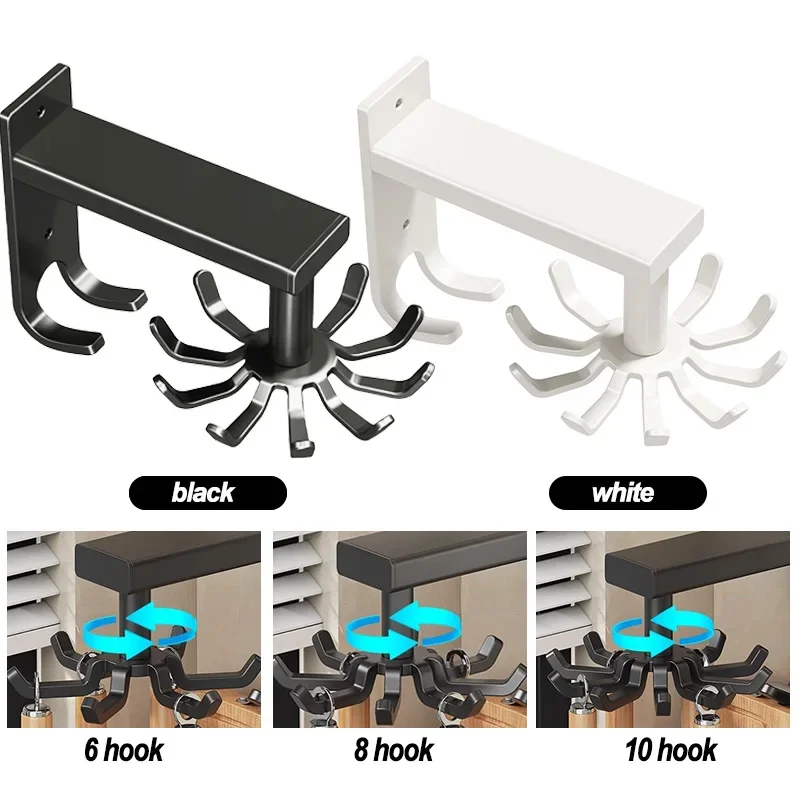 Kitchen Rotary Hook Wall Mounted Rack For Tool Aluminum Storage Hanger 6 8 10 Pegs No-hole Punching