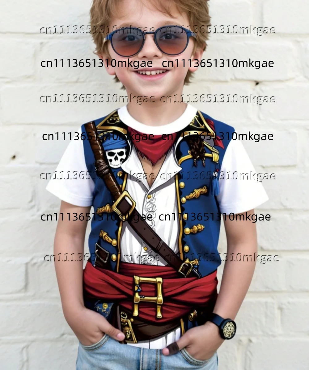 Children Pirate Costume Short Sleeve T Shirt 3D Captain Skull Print Fake Uniform Tee Boys Girls Halloween Fancy Dress Party Tops