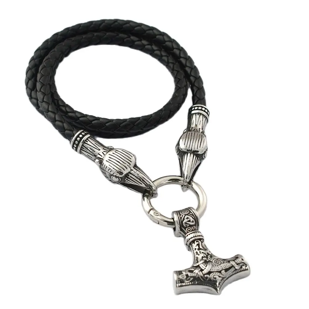 Viking Stainless Steel Crow Head Leather Chain Necklace Odin Hammer Pendant Titanium Steel Men's Jewelry