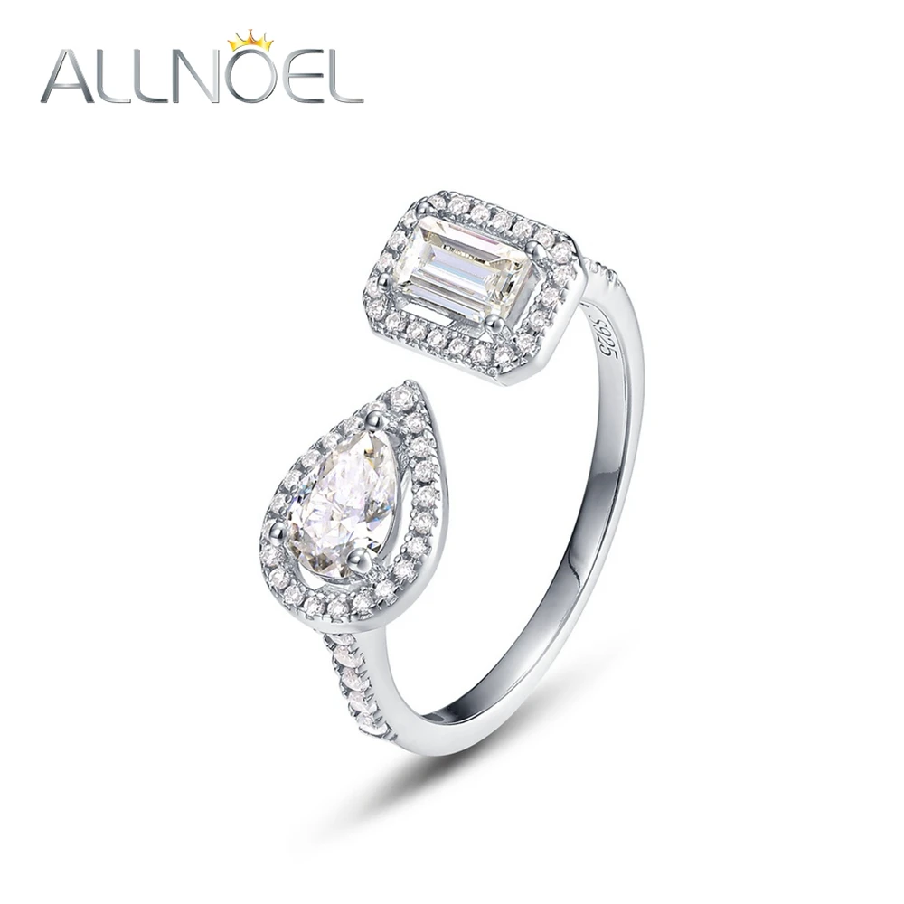 

ALLNOEL D Color Moissanite Open Rings For Women 925 Sterling Silver Pear Rectangle Original Anniversary Wedding Gifts Jewelry