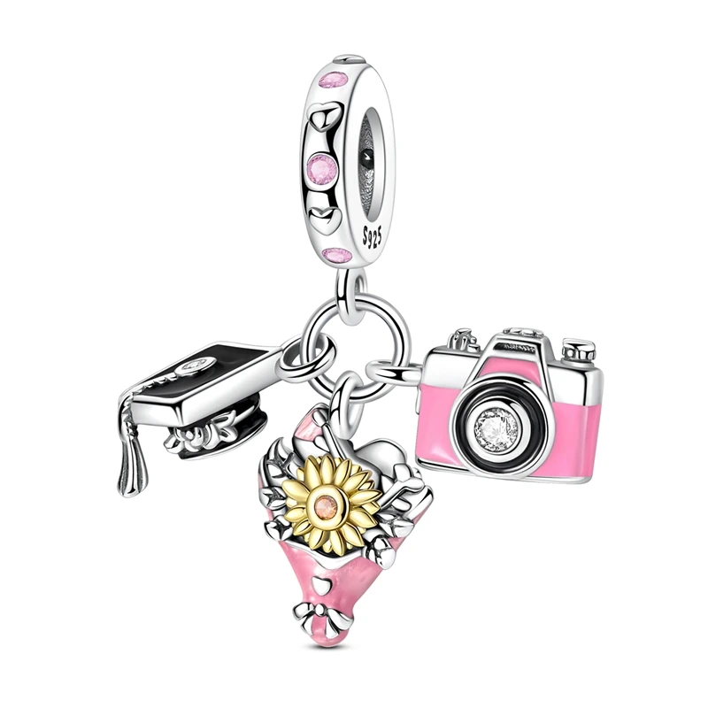 925 Sterling Silver Charms Bead CZ Zircon Sunflower Graduation Cap Camera Dangle Fit Original Bracelet DIY Women Jewelry Gift