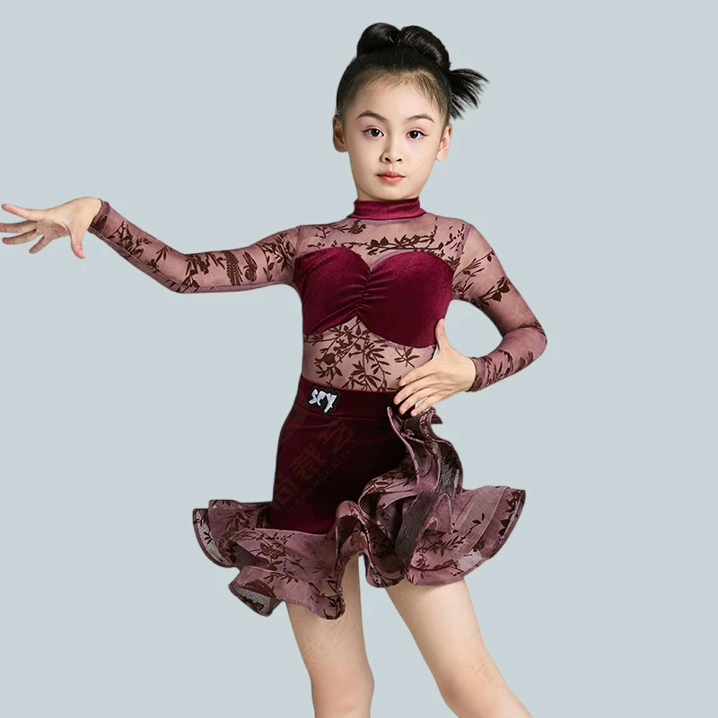 

Kid Latin Dance Performance Outfit 2025 Long Sleeve Bodysuit Skirt Set Girls Latin Dance Show Stage Wear Practice Clothes 4632