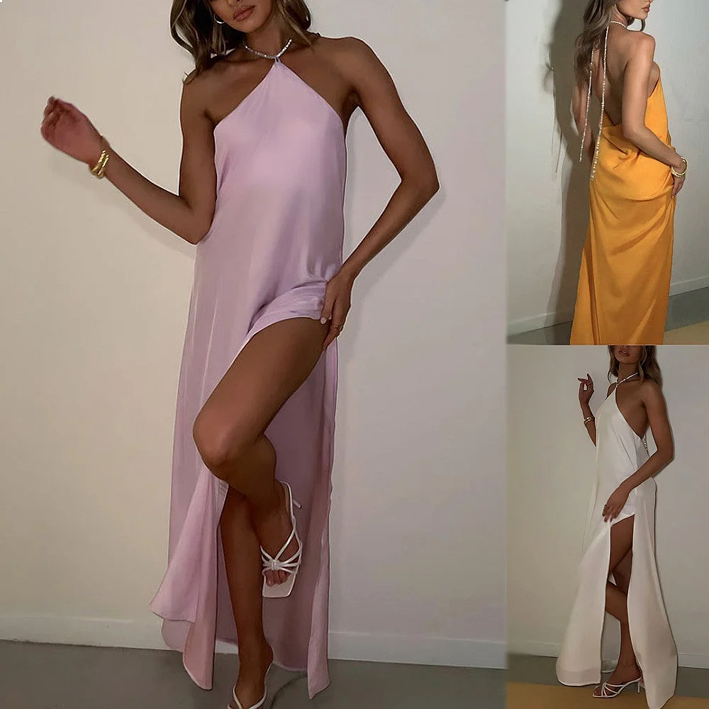Sexy Satin Halter Dress Backless Split Solid Bodycon Long Dresses Jumpsuit Playsuit