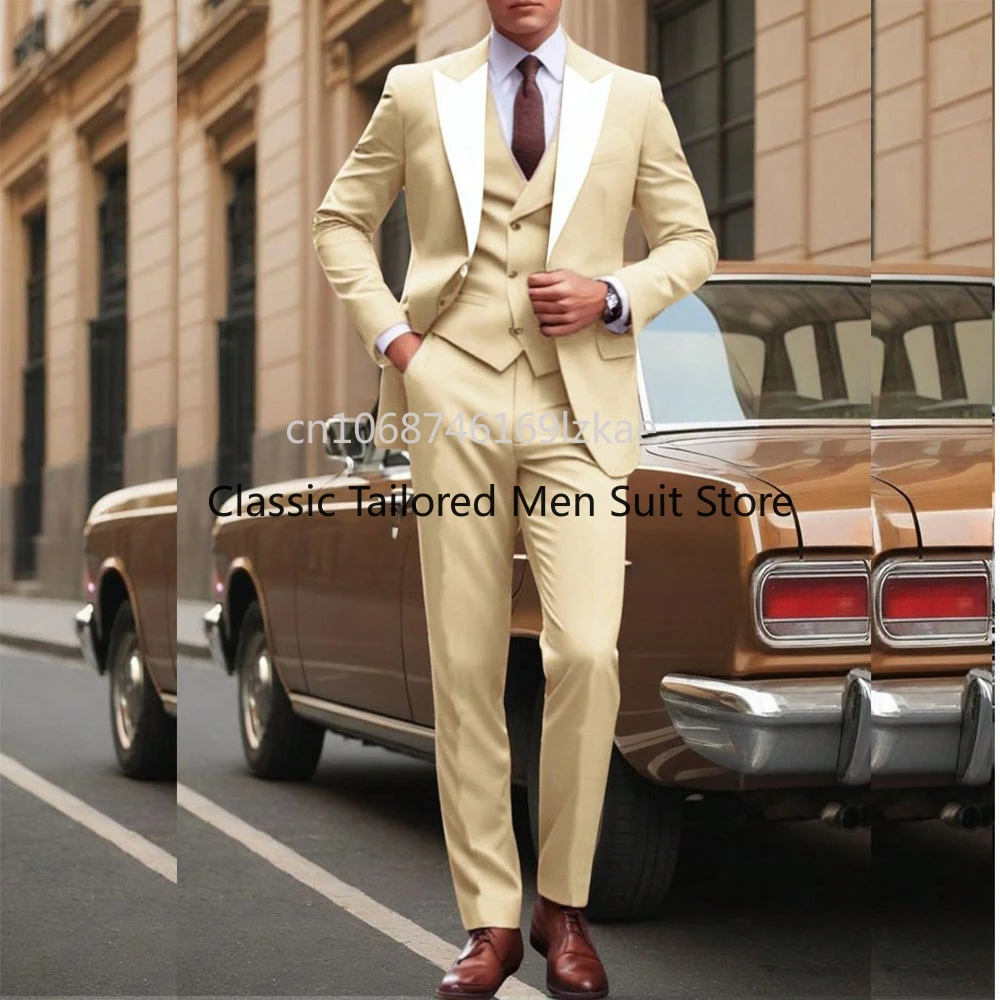 

Slim Fit One Button Men's Suits Blazer Luxury Wedding Peak Lapel Regular Length 3 Piece Jacket Pants Vest Male Clothing