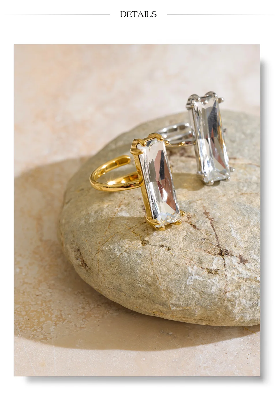 Yhpup Neuer Weiß-Grün-Blauer Rechteckiger Zirkonia Verstellbarer Ring, Eleganter Beliebter Zarter Goldfarbener Fingerschmuck – Detail 8