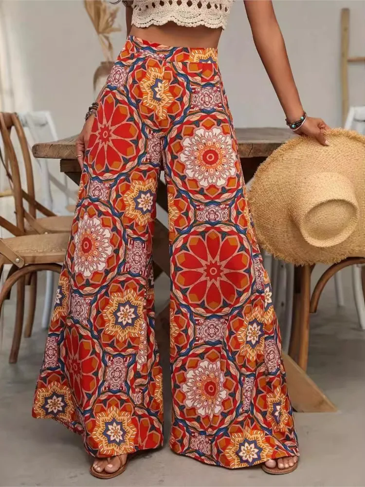 

Summer High-waisted Fashion Printed Wide-leg Casual Trousers Women's Commuting Style Comfortable Loose Casual Trousers
