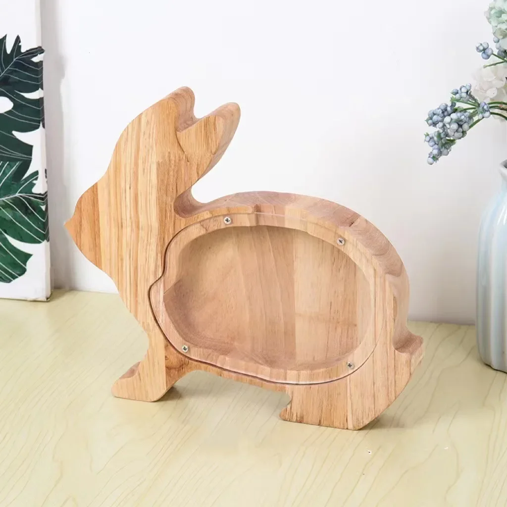 Wooden Rabbit Piggy Bank Children's New Model Can Only Enter and Cannot Exit Animal Piggy Bank Dinosaur Piggy Bank Storage Box