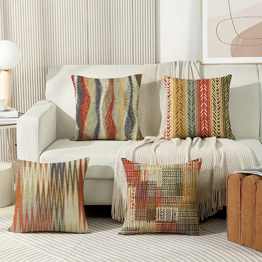 4 Pack Boho Tribal Pillowcases 45x45cm Ethnic Woven Pattern Cushion Covers Beige Red Green for Living Room Zippered Linen