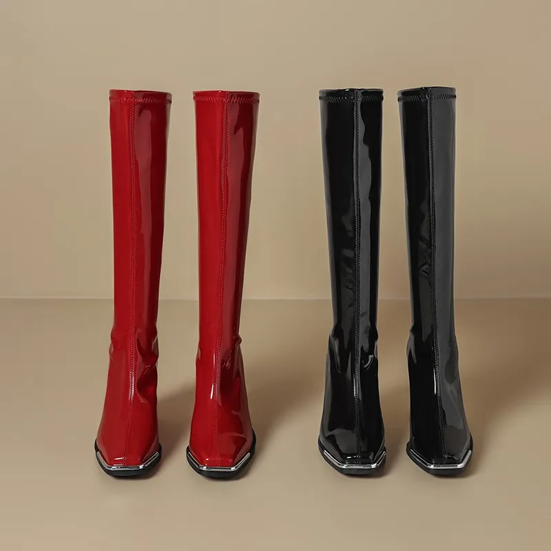 Knee High Boots Autumn New Square Toe Metal Head Guard Patent Leather Back Zip Non-Slip Block Heel Thigh Boots image 4