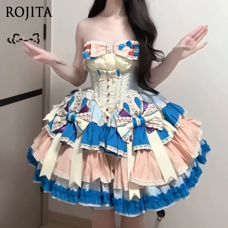Lolita Corset Dress Off Shoulder Fishbone Waist Multi-color Ruffle Mini Skirt Bow Decor Vintage Tea Party Princess Dress