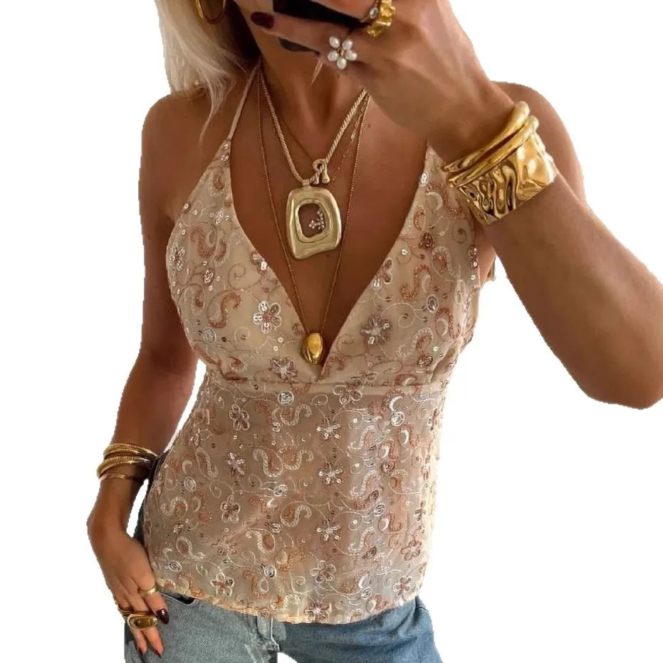 

Women's Summer Sequin Embroidered Strap Top European American Style Sleeveless Vest Casual Party Outfit for Ladies