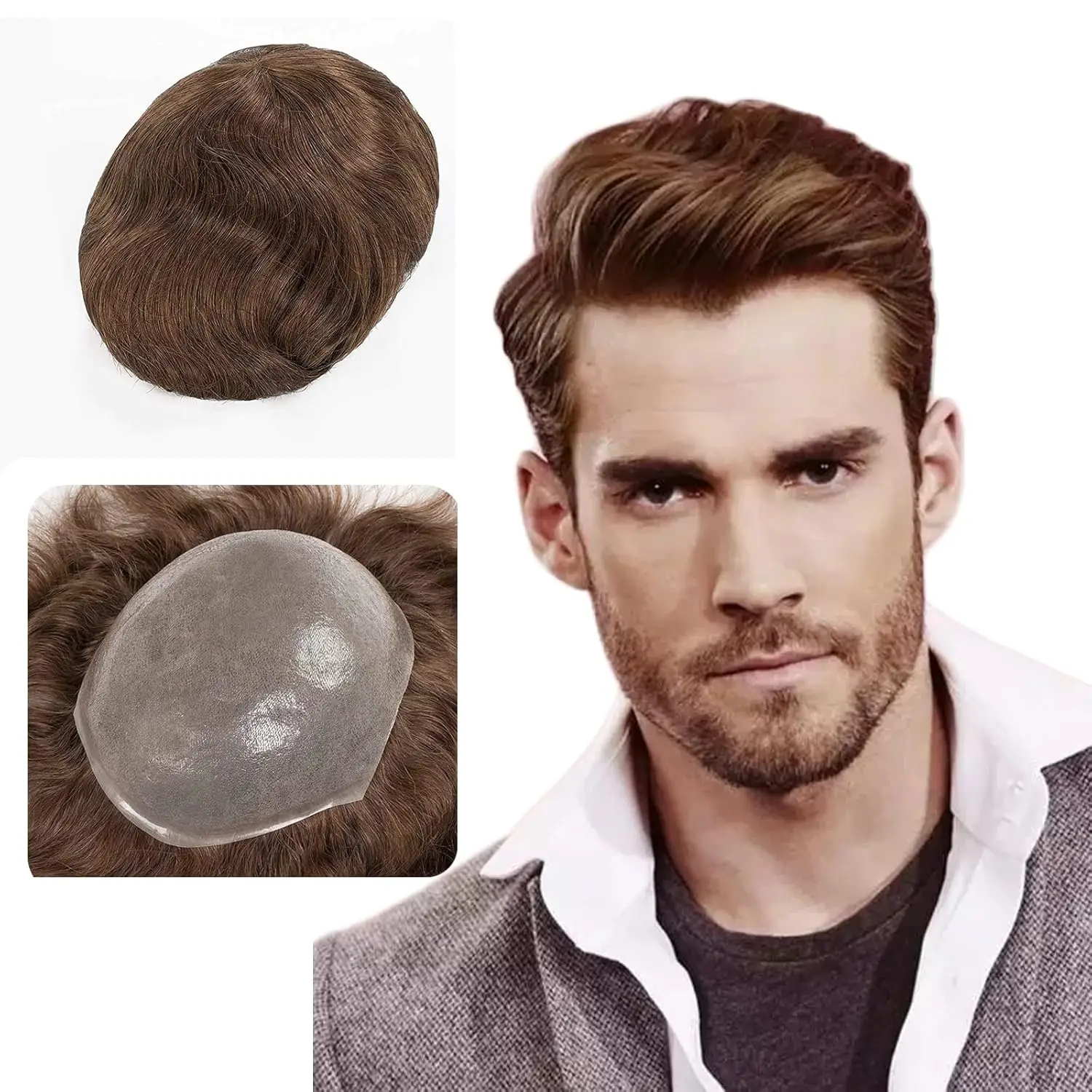 

Мужской парик из мягкой тонкой кожи 0,06 мм - человеческие волосы с одним узлом, натуральные волнистые 8x10, система замены # 5