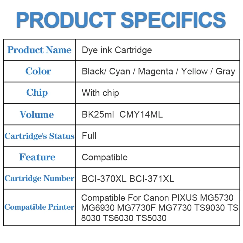 BCI-370 BCI-371 خرطوشة حبر متوافقة لطابعة كانون BCI370 371 PIXUS MG5730 MG6930 MG7730F MG7730