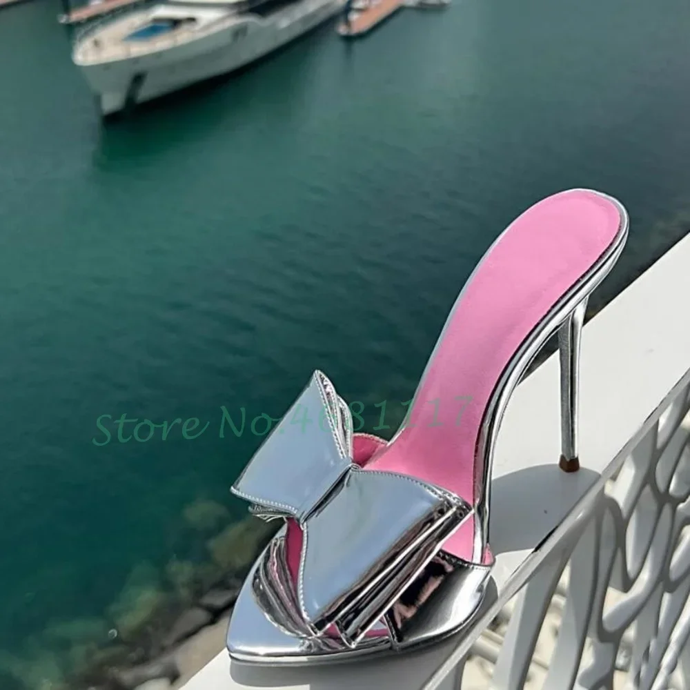 Butterfly Knot Pink Insole Slippers Women High Stiletto Heels Silver Patent Leather Pointy Toe Shoes Sexy Spring Ladies Slippers