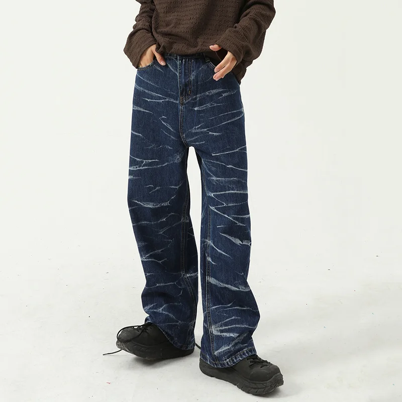 

Korean New Tie Dyed Jeans Loose Straight Men's And Women's Fashion Casual Wide Leg Pants Black Blue Long Denim Pants 2Y2047