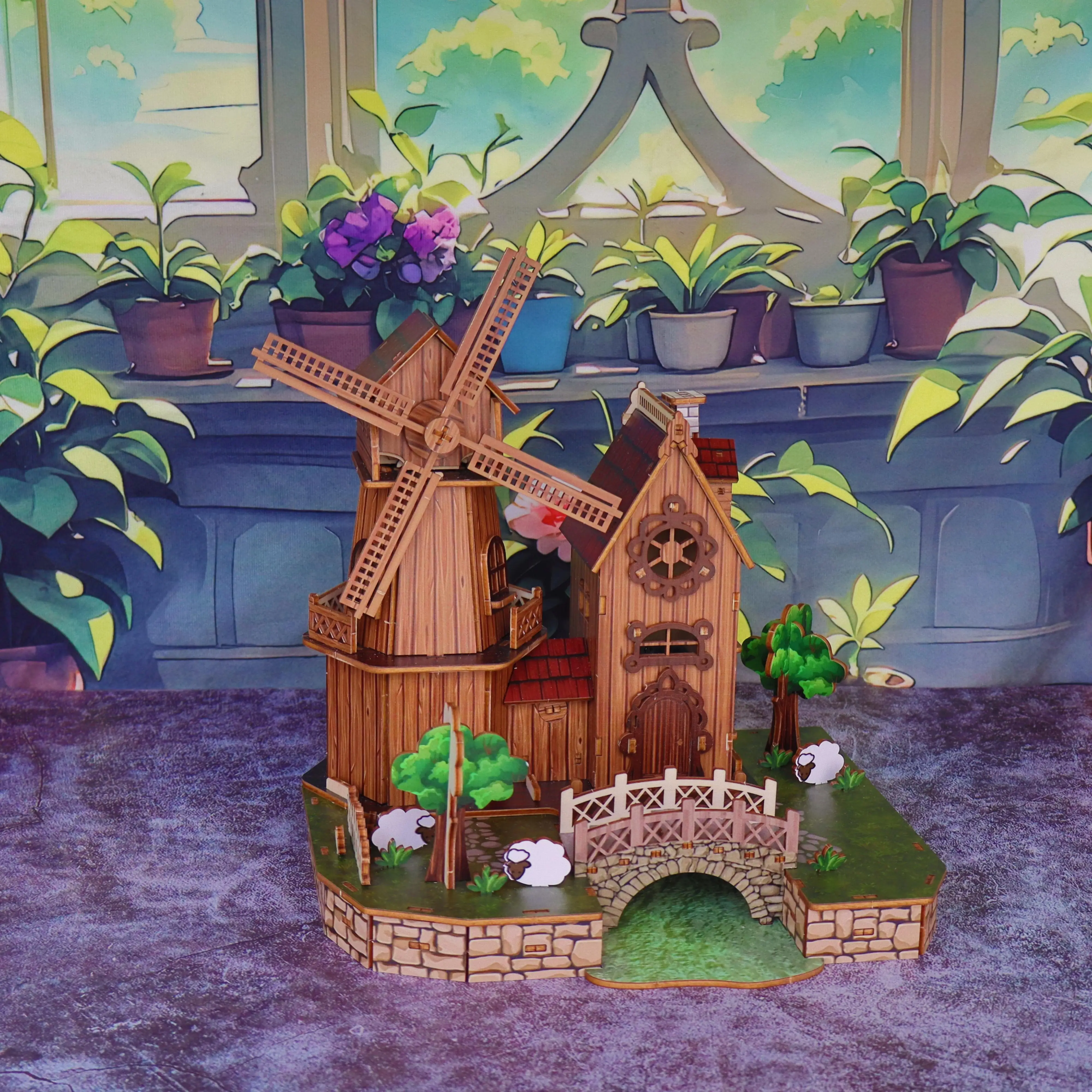 Parque de moinho de vento de quebra-cabeça de madeira 3D, modelo de cena de simulação de estilo pastoral, brinquedo de montagem DIY feito à mão, interação de lazer pai-filho
