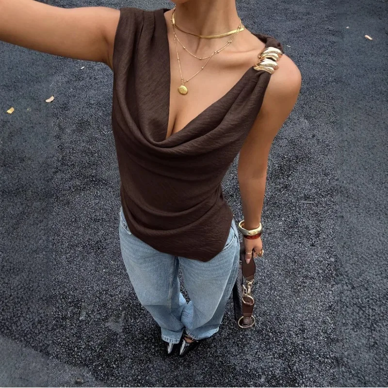 

2026 New Summer Stacked Collar Vest Metal Decorative Sleeveless Shirt