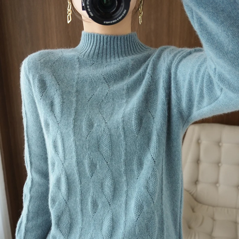 

Autumn and winter new 100% pure woolen sweater women half high round collar cashmere sweater show thin jacket