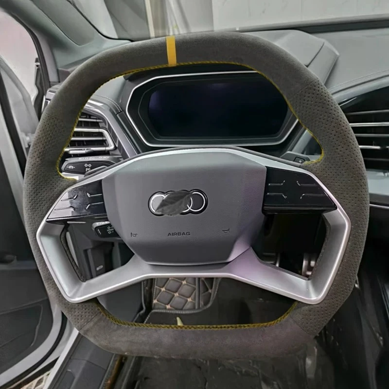 for Audi Q4etron Q5etron 2022 2023 DIY Hand Stitched Yellow line yellow-labeled suede non-slip Car Steering Wheel Cover