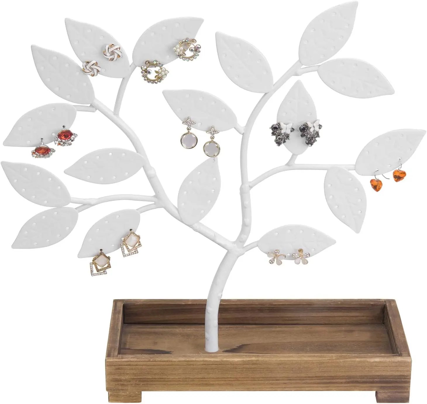 ที่เก็บต่างหูแบบตั้งโต๊ะ, ต้นไม้จัดเก็บเครื่องประดับโลหะสีขาว, ที่แขวนสร้อยคอและกำไลพร้อมถาดใส่แหวนไม้สำหรับเครื่องประดับ