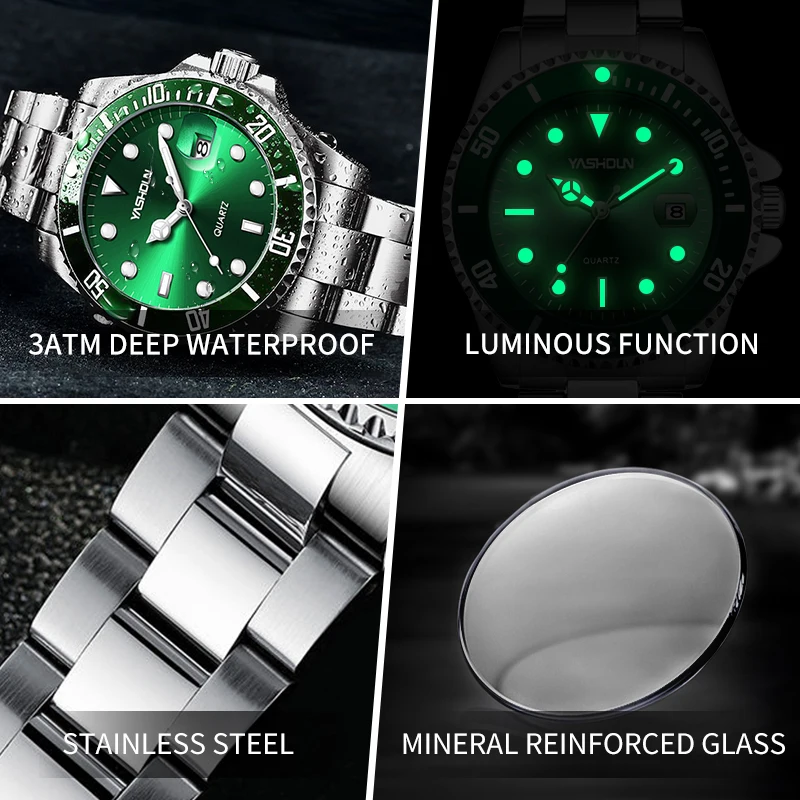 YASHIDUN Luxury Couple Pair Watch Waterproof Luminous Date Quartz Wristwatch Stainless Steel Watches for Woman Men Green Watch