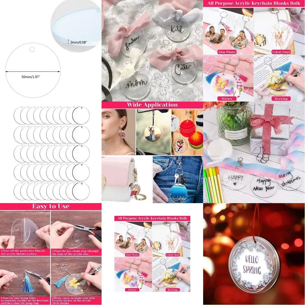 

50 шт./компл. 2-дюймовые заготовки, прозрачный акриловый круглый кулон-брелок с отверстием для DIY