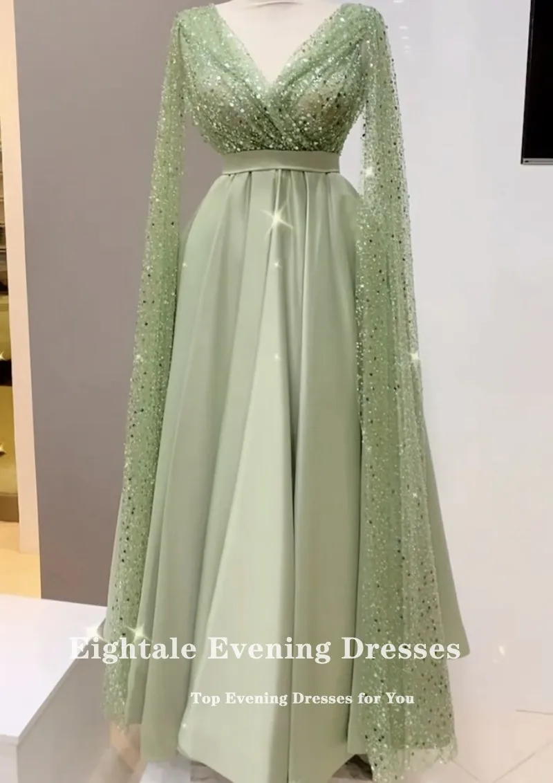 Eightale Luxury Evening Dress V-Neck Pleats A-Line Floor Length Cape Sleeves Formal Occasion Prom Party Gown Robes De Soirée