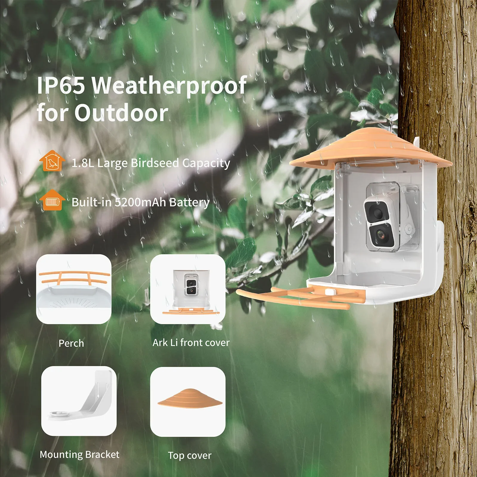 llNuyoah Smart Bird Feeder Camera, with AI Identify Bird Species,App Notify When Birds Detected,Gift for Watching Birds(Orange)