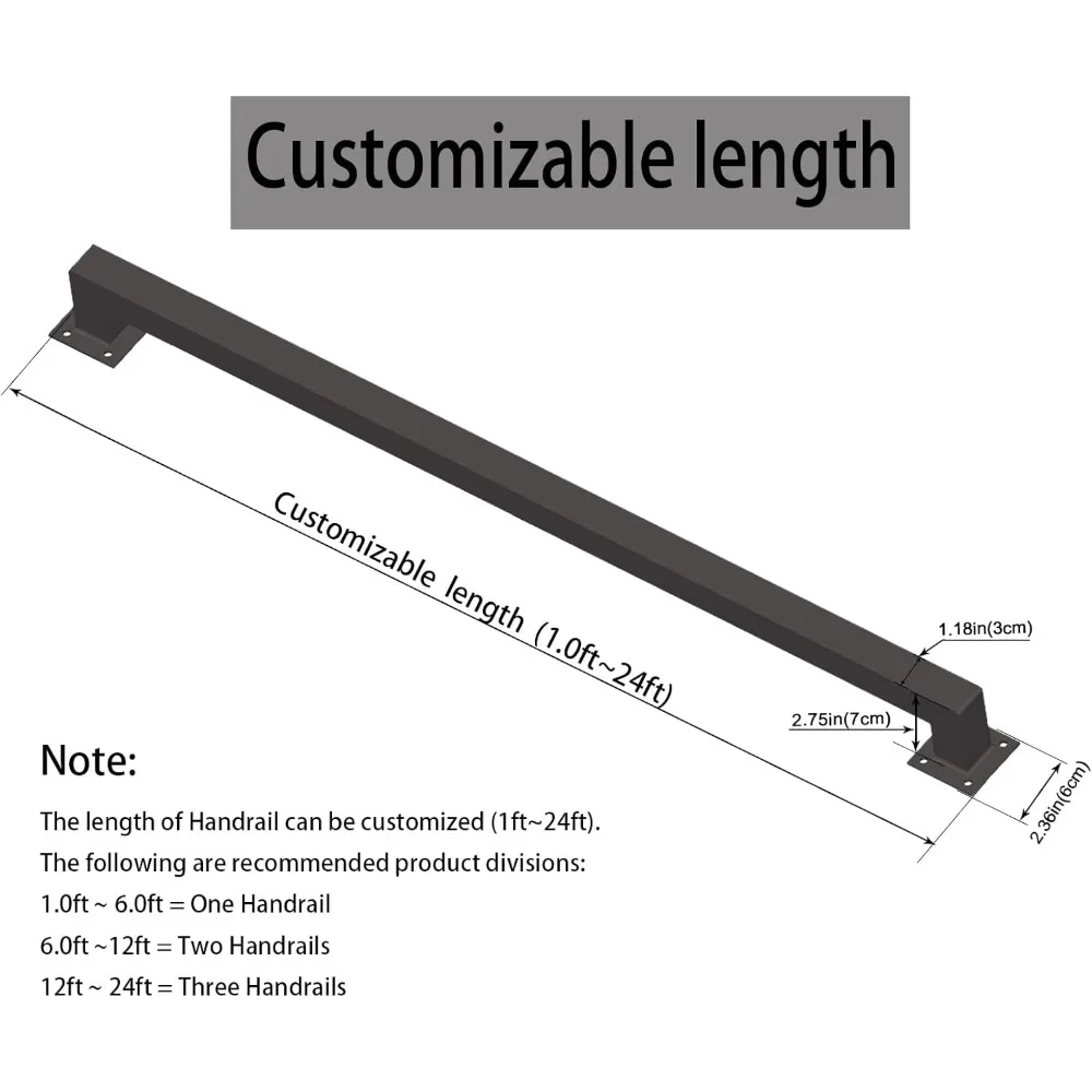 درابزين يدوي من الحديد الأسود غير قابل للانزلاق ومقاوم للصدأ، 4 أقدام للسلالم الداخلية والطوابق الخارجية، مقبض دعم مثبت على الحائط #2