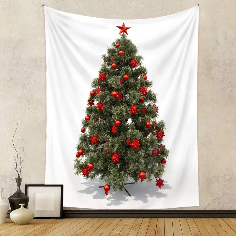 VIKAMA Wall Tapestry Red Christmas Tree Ornaments Star Minimalist Art Print Wall Hanging Home Decor Living Room Bedroom Soft