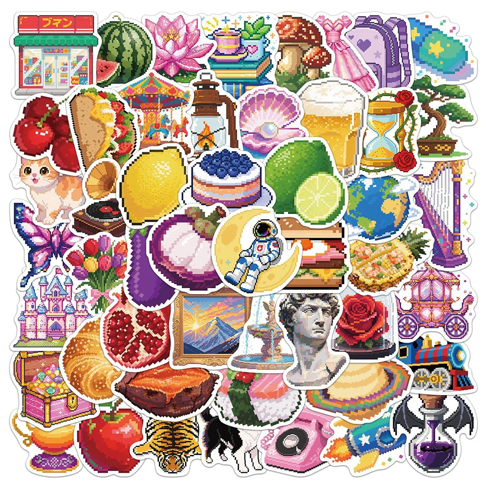 10/30/50pcs Pixel Style Mixed Pattern Stickers Cute Animal Food Decals DIY Luggage Scrapbook Journal Aesthetic Graffiti Sticker