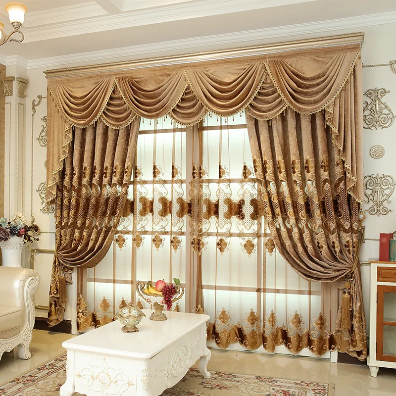 Custom curtain Chenille embroidered luxury hollowed out living room gold coffee cloth blackout curtain tulle valance drape C1308