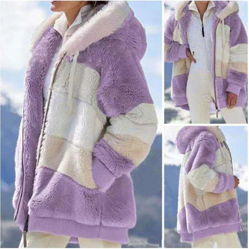 Chaquetas de piel sintética peluda esponjosa para mujer, abrigo de peluche grueso y cálido, manga larga, con capucha, bolsillos con cremallera, abrigo de talla grande, Invierno