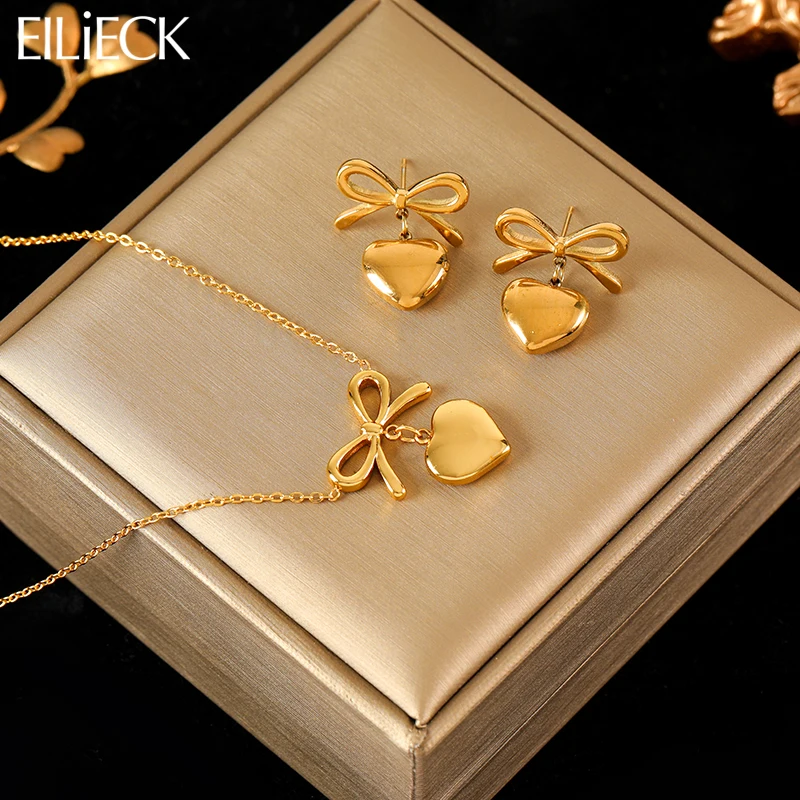 EILIECK 316L Stainless Steel Bowknot Heart Dangle Necklace Earrings Set For Women New Gift 18K Gold Plated Waterproof Jewelry