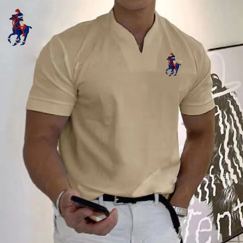 Neues Herren-Poloshirt aus bestickter Baumwolle mit kurzen Ärmeln und V-Ausschnitt, Sommermode, lässig, Business-Multifunktionsoberteil