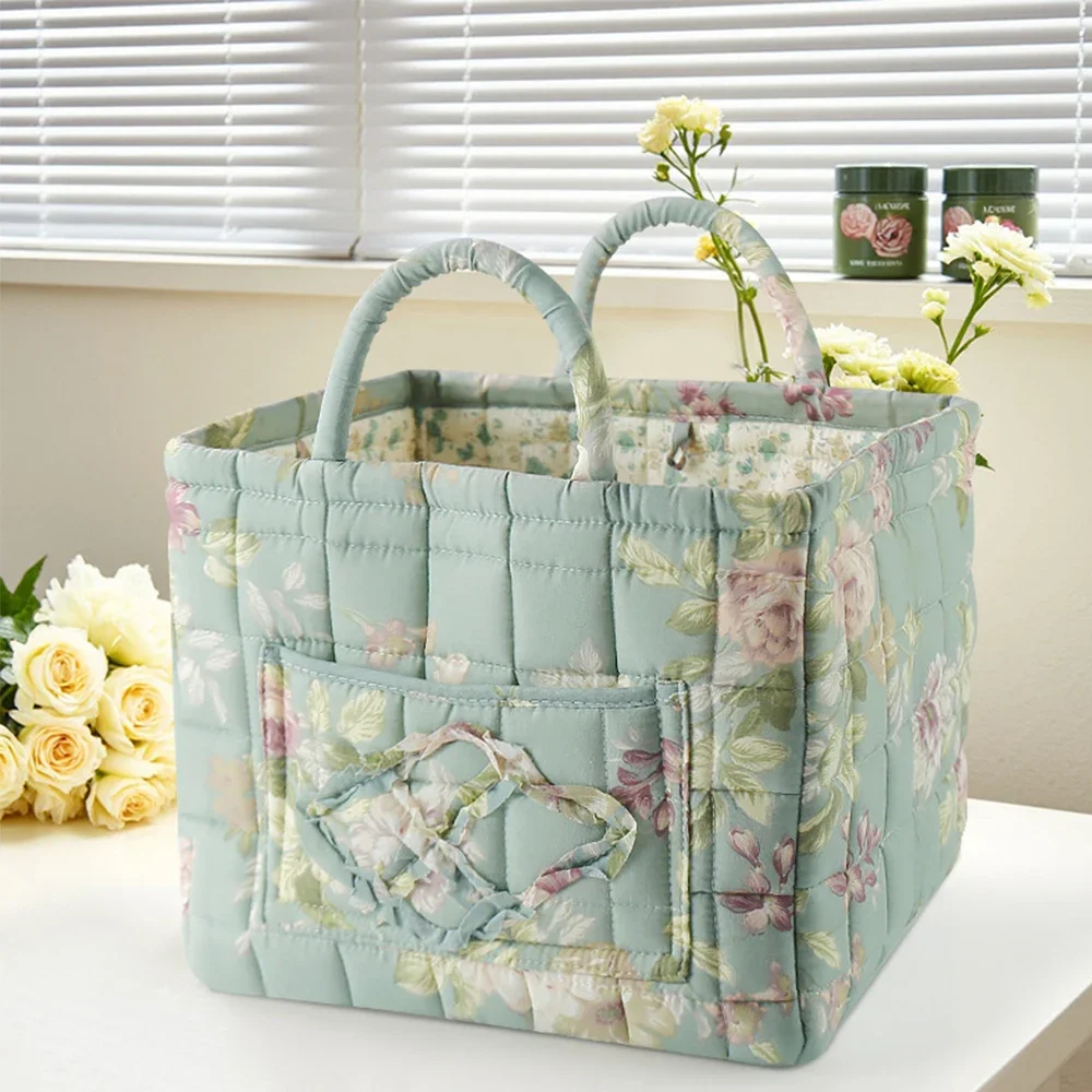 Floral Quilted Cotton Fabric Handheld Storage Basket Household Clutter Organizer Sundries Storage Bin for Home Tidying
