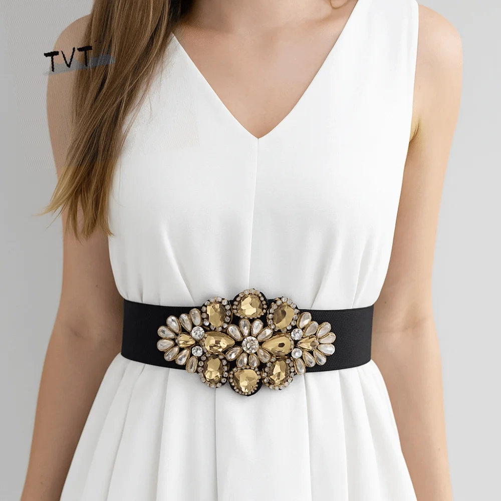 

Personality Flower Elastic Cummerbunds Wide Korean Style Women Waistband Strap Belt Black Rhinestone Waist Belt Women