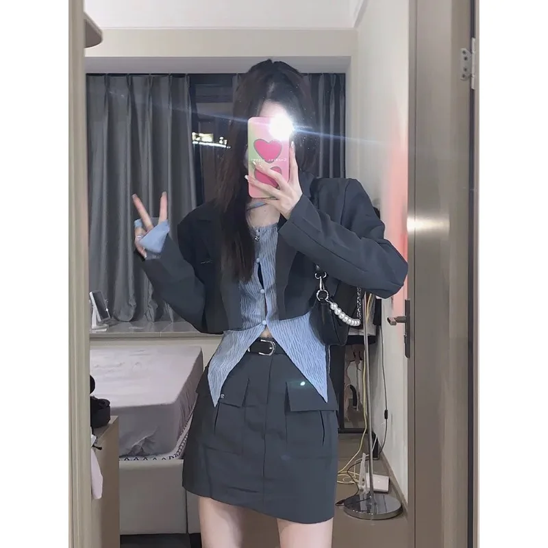 Patchwork Pocket Casual Short Suit Jacket, Women's Skirt Clothing Slim, 2024 New Fashion, Women's Three-piece Set Coat Women