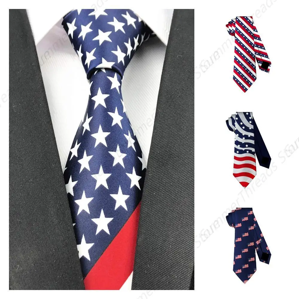 Mens American Flag USA Necktie Stars Stripes Ties - Patriotic Red White Blue - One Size Neck Tie